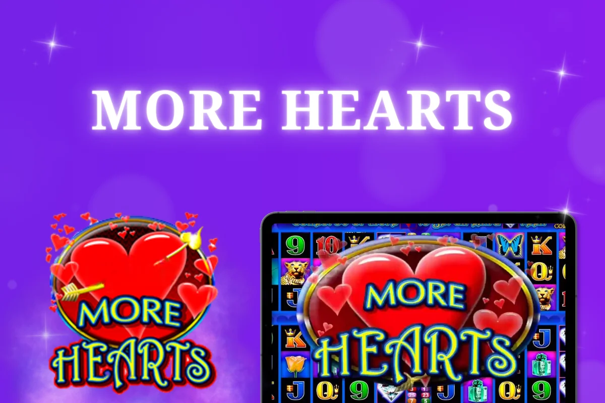tablet with More Hearts pokie on purple background