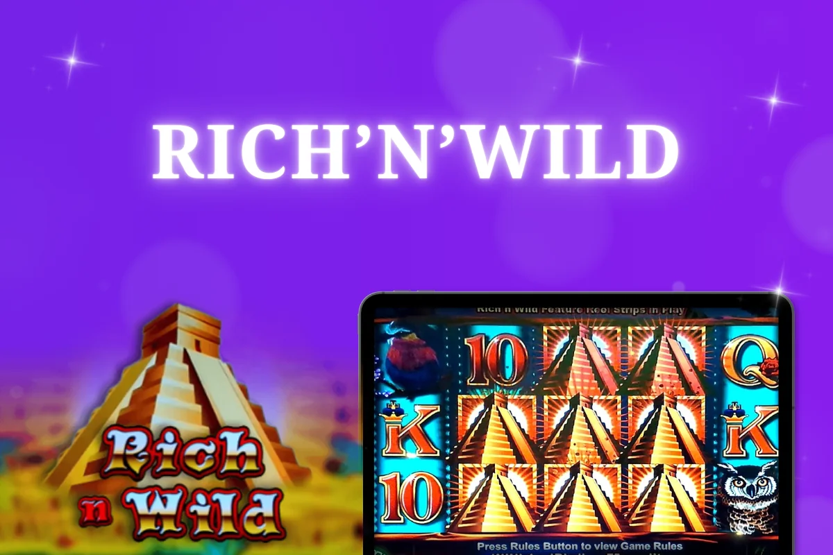 tablet with Rich’n’Wild pokie on purple background