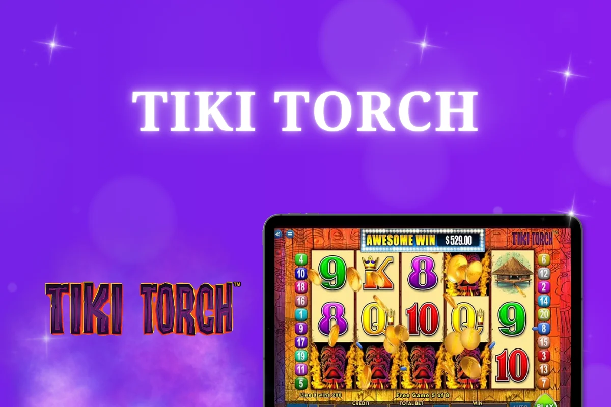 tablet with Tiki Torch pokie on purple background