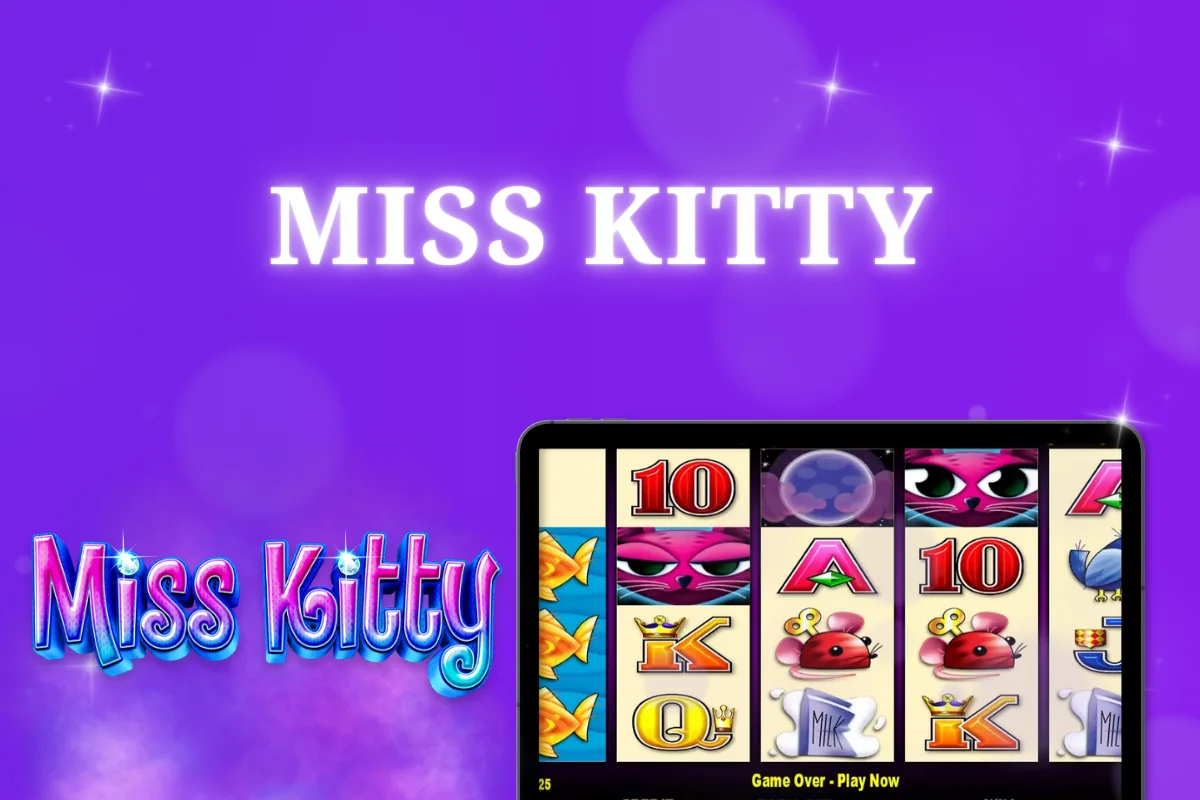 tablet with Miss Kitty pokie on purple background