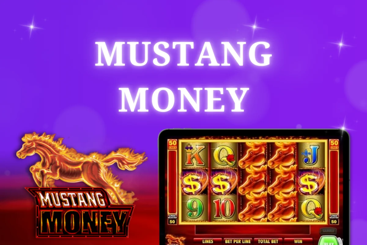 tablet with Mustang Money pokie on purple background