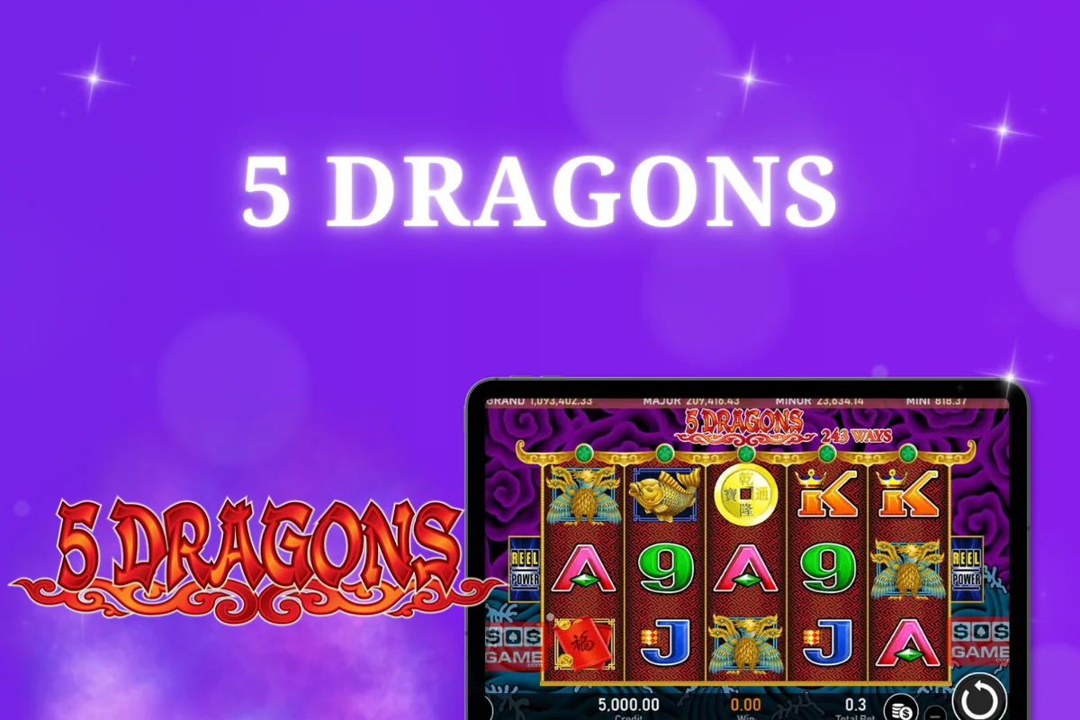 tablet with 5 Dragons pokie on purple background