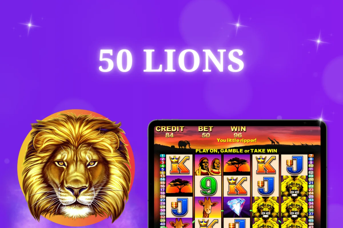 tablet with 50 Lions pokie on purple background