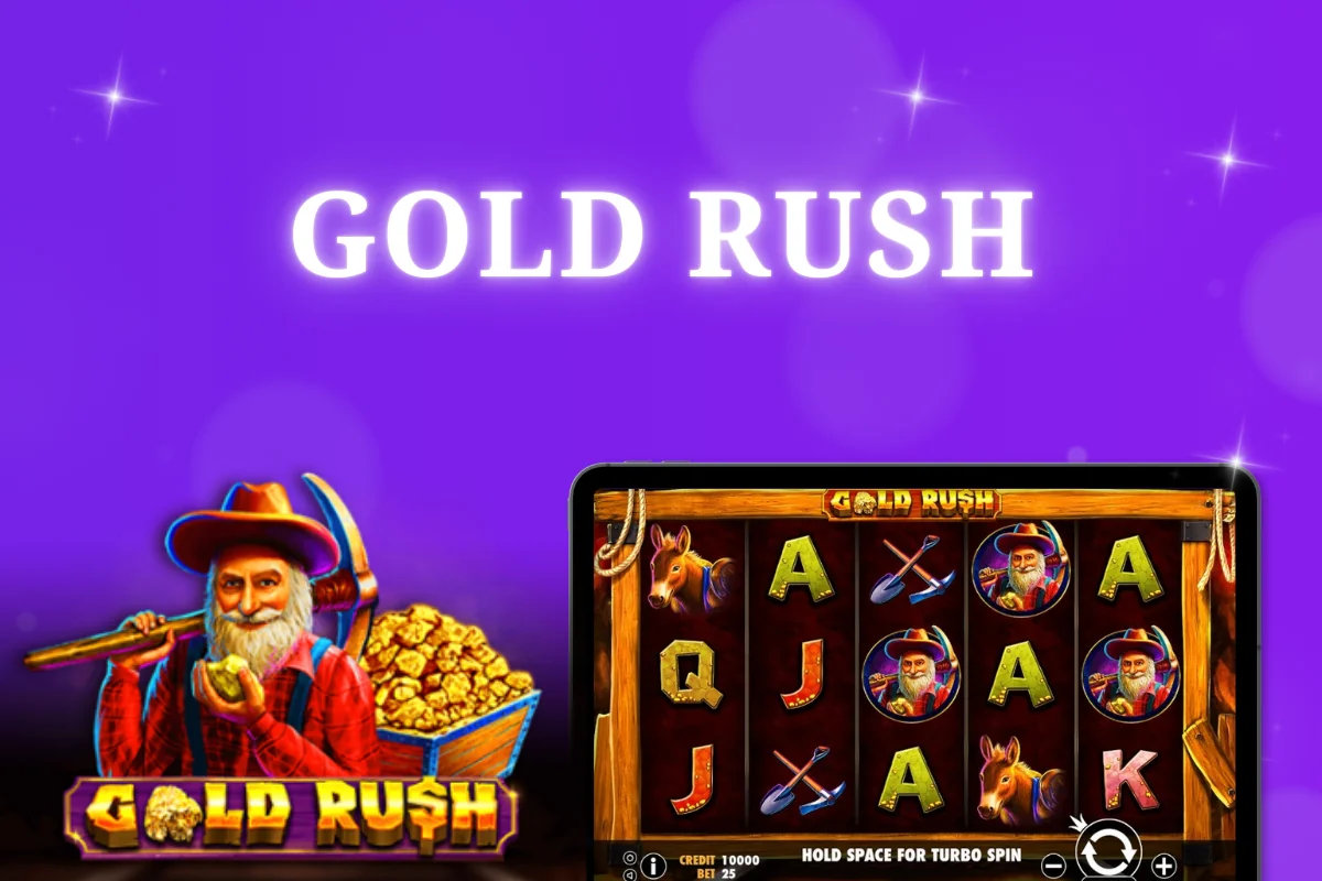 tablet with Gold Rush pokie on purple background