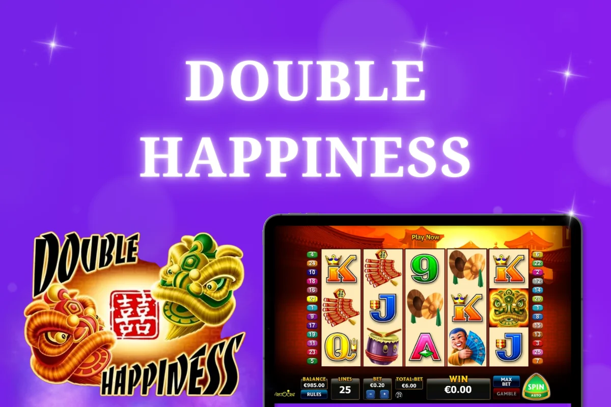 tablet with Double Happiness pokie on purple background