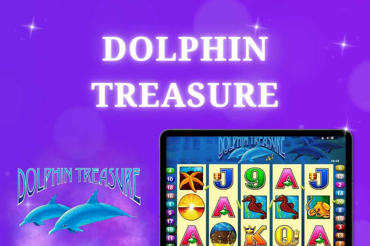 tablet with Dolphin Treasure pokie on purple background