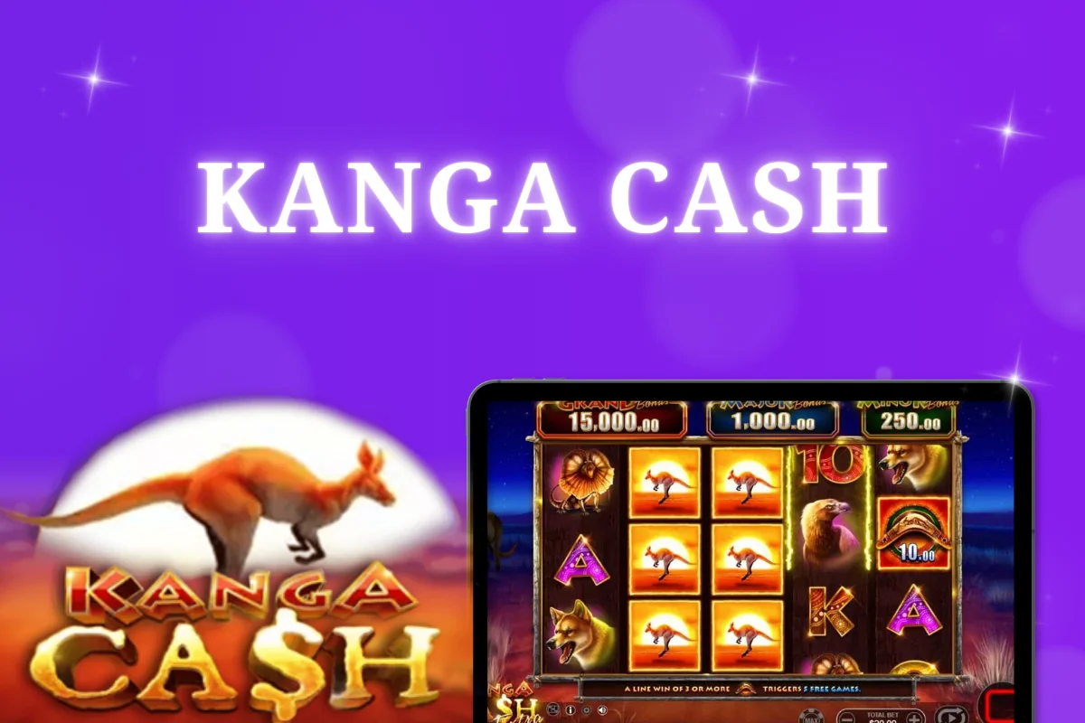 tablet with Kanga Cash pokie on purple background
