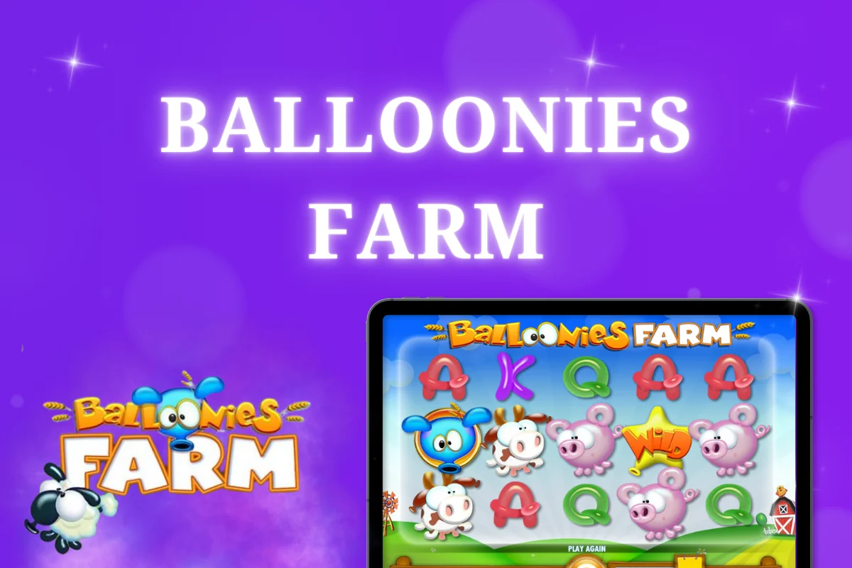 tablet with Balloonies Farm pokie on purple background