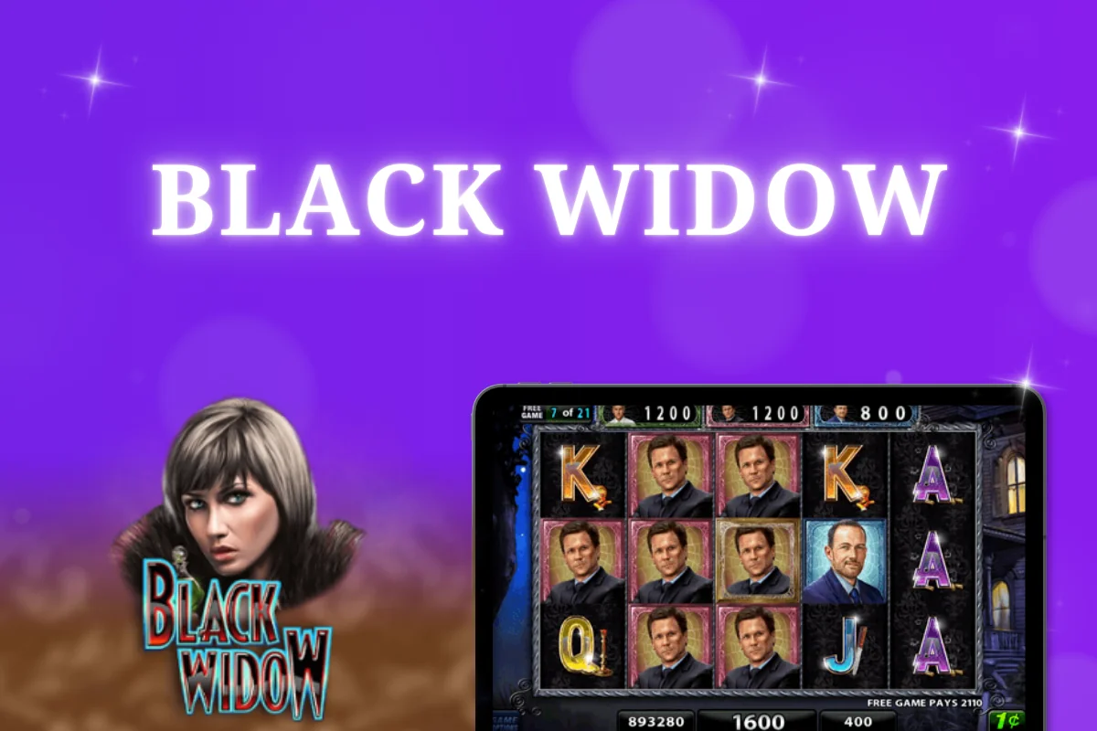 tablet with Black Widow pokie on purple background