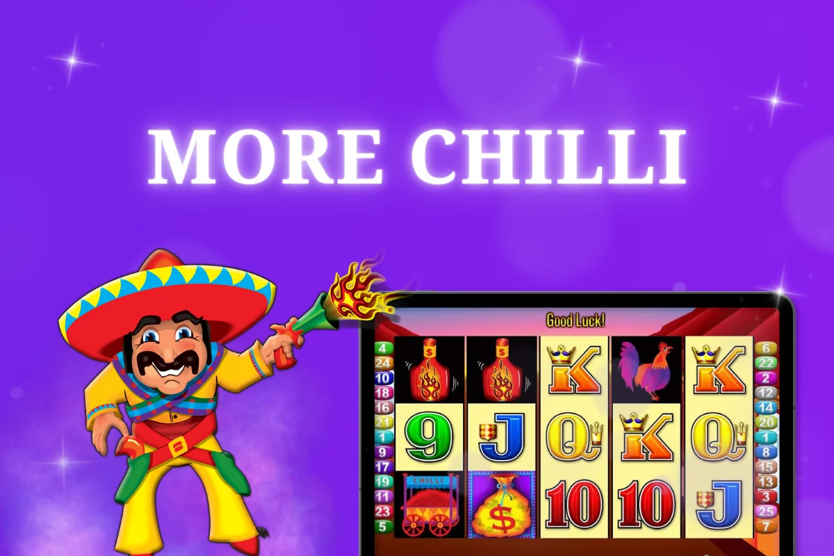 tablet with more chilli pokie on purple background
